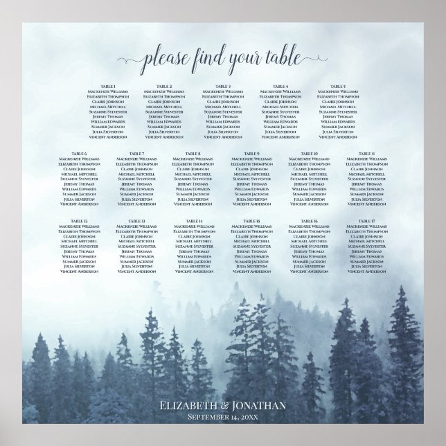 17 Bord Blue Gräs Forest Bröllop Seating Chart Poster (Framsidan)