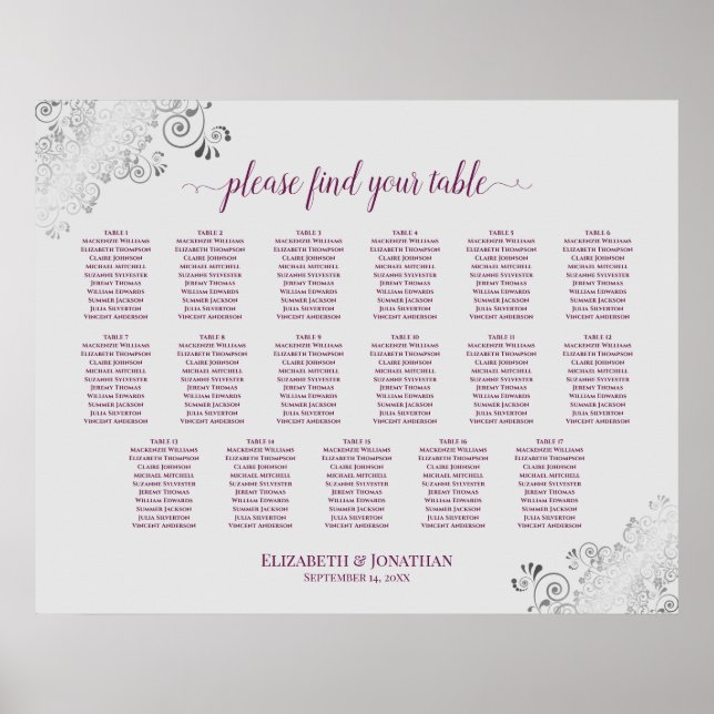 17 Bord Cassis on Grått Bröllop Seating Chart Poster (Framsidan)