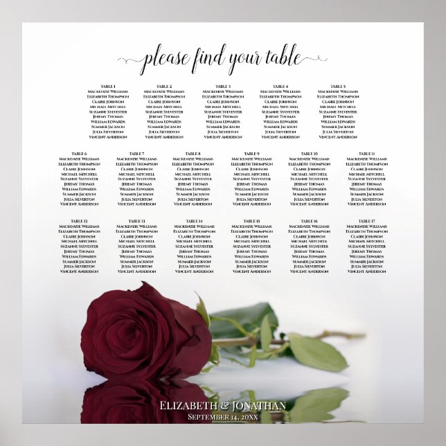 17 Bord Elegant Burgundy Ro-sittplatsplan Poster (Framsidan)