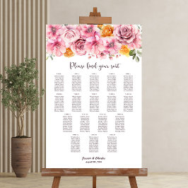 17 Bord Elegant Rosa Blommig Bröllopsplatskarta Poster