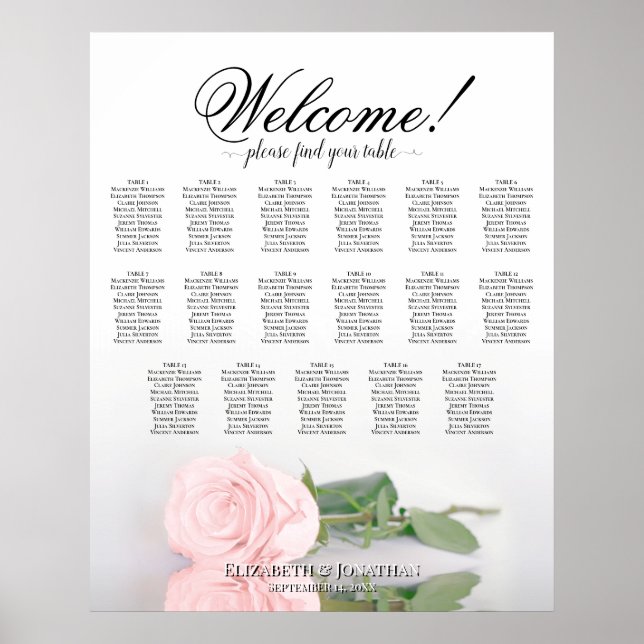 17 Bord Elegant Rosa Ros Bröllopsplatskarta Poster (Framsidan)