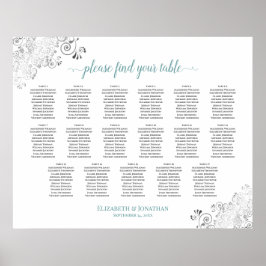 17 Bord frilly White Bröllop Seating Chart Teal Poster