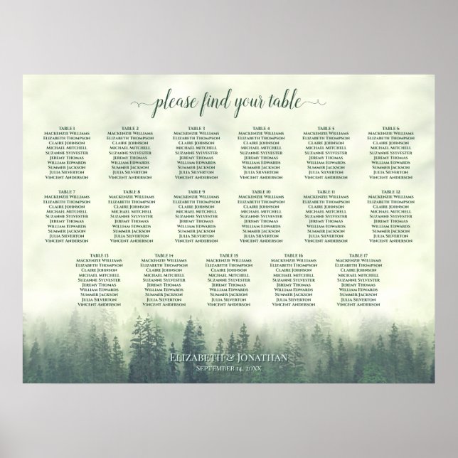 17 Bord Grön Tall Skog Bröllops Sittplatskarta Poster (Framsidan)