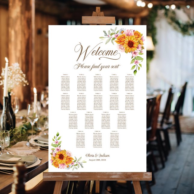 17 Bord Gul Rosa Blommig Bröllopsplatskarta Poster (Skapare uppladdad)
