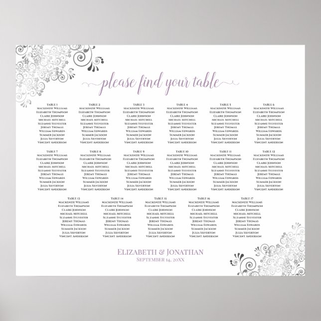 17 Bord Lacy White Bröllop Seating Chart Lavender Poster (Framsidan)