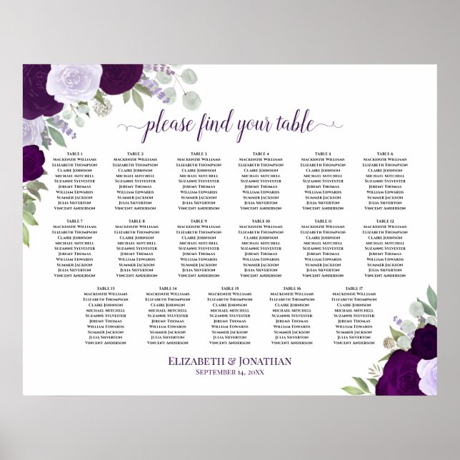 17 Bord Lila Boho Blommigt Bröllop Sittdiagram för Poster (Framsidan)