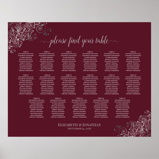 17 Bord Silver på sätesschemat för Burgundy Bröllo Poster (Framsidan)