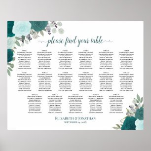 17 Bord Teal Boho Blommigt Bröllop Sittplatsdiagra Poster