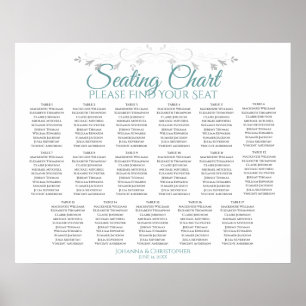 17 Bord Teal on White Bröllop Seating Chart Poster