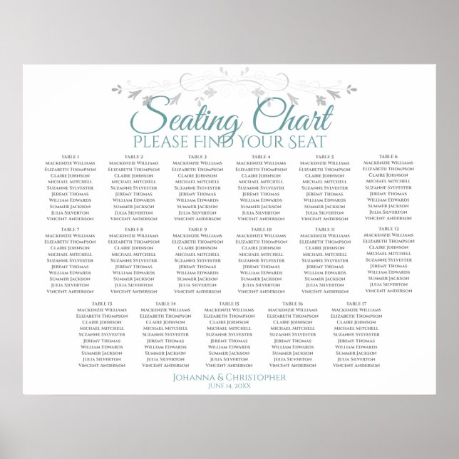 17 Bord Teal on White Bröllop Seating Chart Poster (Framsidan)