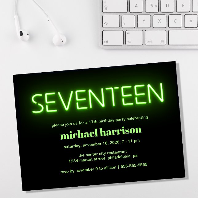 17:e födelsedag Grönten Neon Ljus Party Inbjudningar (Skapare uppladdad)