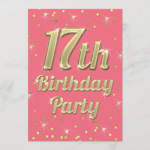 17:e födelsedag Guld Blingtypografi Konfetti Rosa Inbjudningar