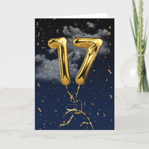 17:e födelsedag Guld Mylar Balloon and Confetti Ca Kort