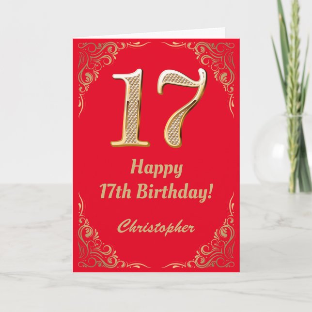 17:e födelsedag Röda och Guld Glitter Ram Kort (Framsida)