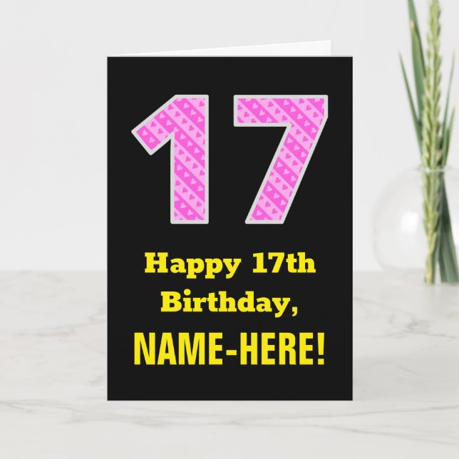 17:e födelsedag: Rosa Rand och hjärtan 17 + Namn Kort (Framsida)