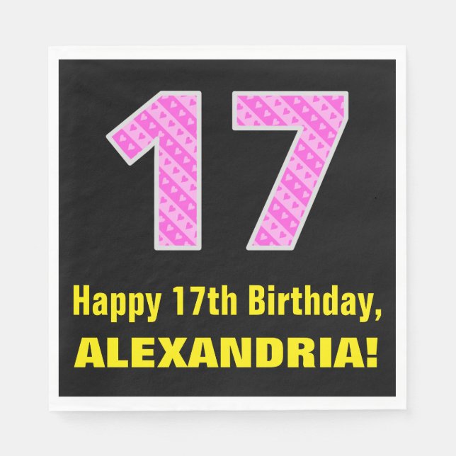 17:e födelsedag: Rosa Rand och hjärtan 17 + Namn Pappersservett (Framsidan)