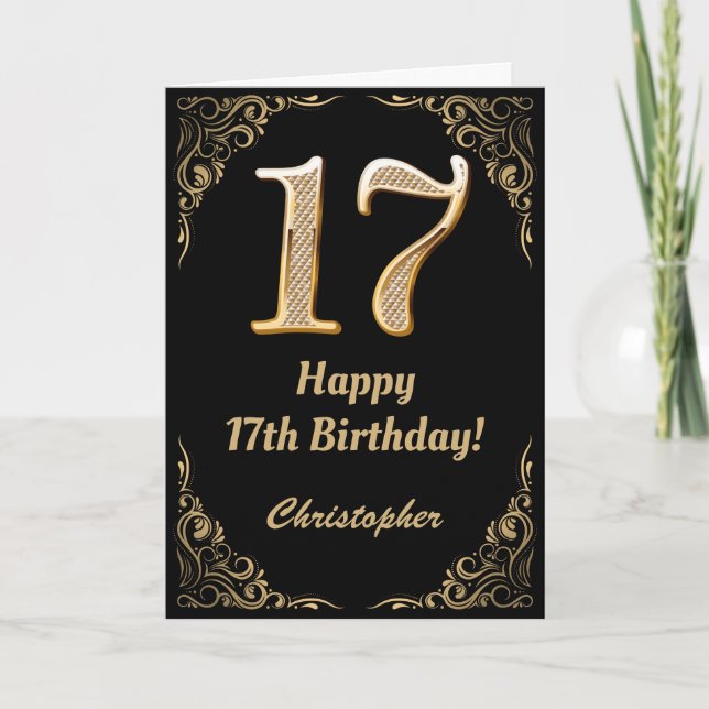 17:e födelsedag Svarta och Guld Glitter Ram Kort (Framsida)