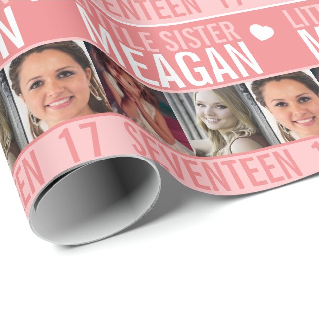 17:e födelsedag tre foton koral lillasyster presentpapper (Rullad Hörn)