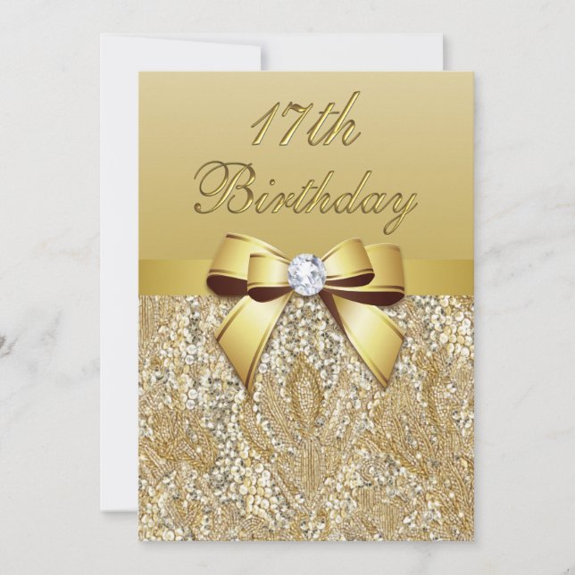 17:e födelsedagen Guld Faux Sequins och Bow Inbjudningar (Framsida)