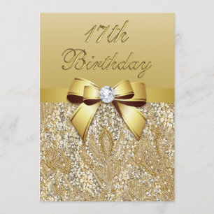 17:e födelsedagen Guld Faux Sequins och Bow Inbjudningar