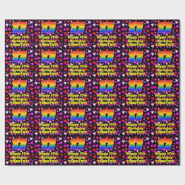 17:e födelsedagen: Loving Hearts Mönster, regnbåge Presentpapper (Platt)