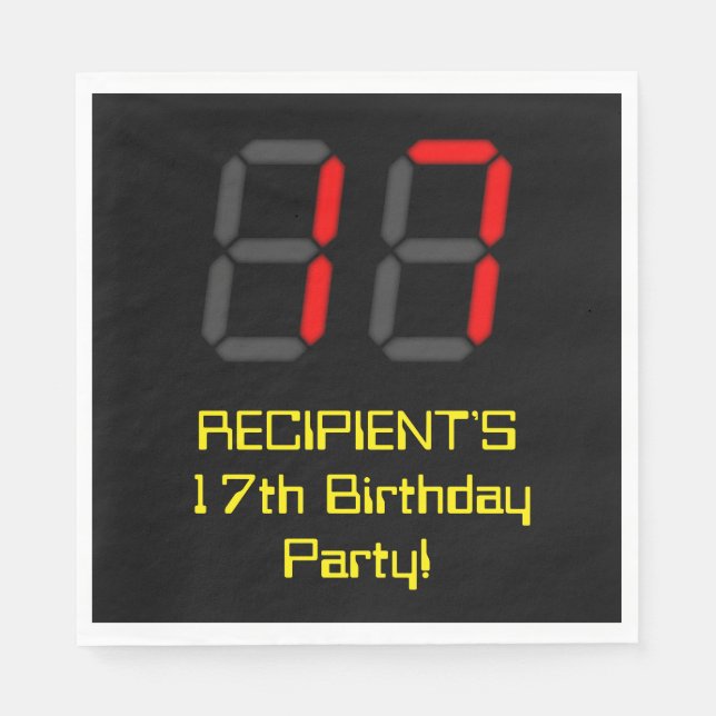 17:e födelsedagen: Red Digital Clock Stil "17" + N Pappersservett (Framsidan)