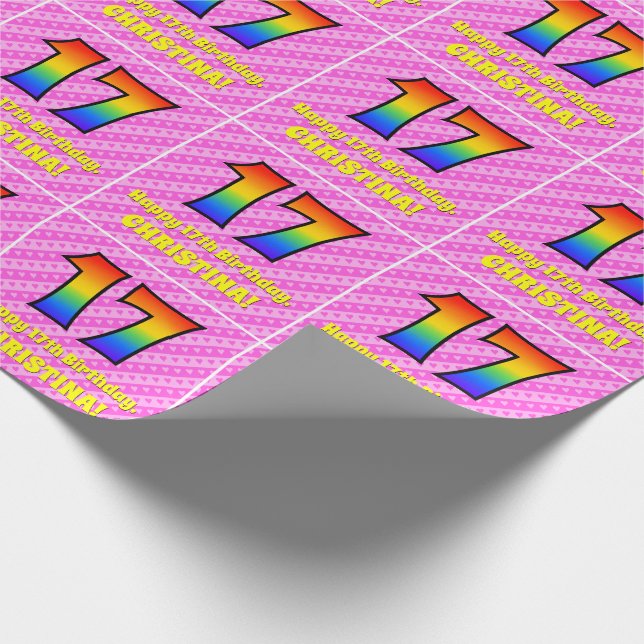 17:e födelsedagen: Rosa Rand & Hearts, regnbåge nr Presentpapper (Hörn)