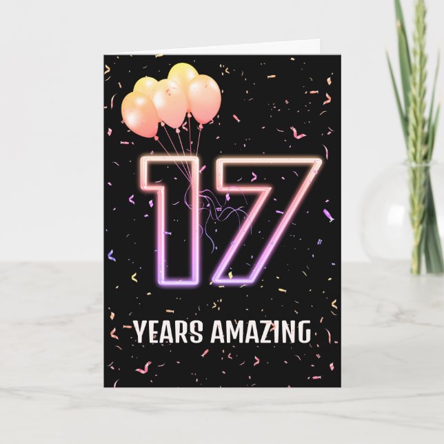 17:e födelsedagsballonger och konfetti kort (Framsida)