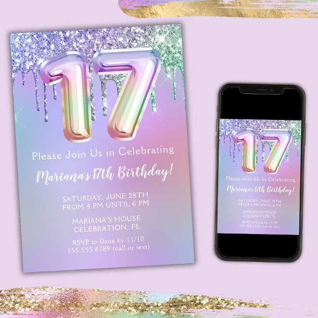 17:e Födelsedagsfest inbjudan Lila Rosa Glitter (Skapare uppladdad)
