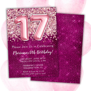 17:e födelsedagsinbjudan Flickans Magenta Rosa Gli Inbjudningar