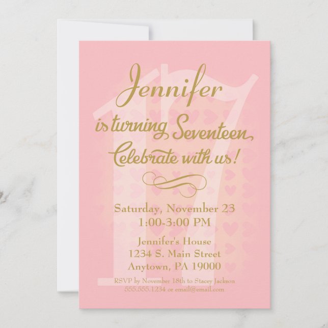 17:e födelsedagsinbjudan till flickor Rosa Guld He Inbjudningar (Framsida)