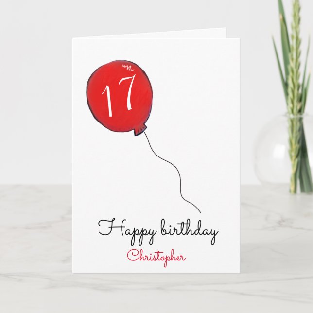 17:e födelsedagsröda ballong kort (Framsida)