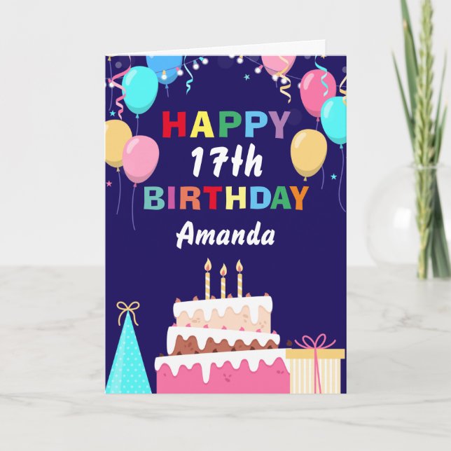 17:e Grattis på födelsedagen-ballongen Cake Navy B Kort (Framsida)