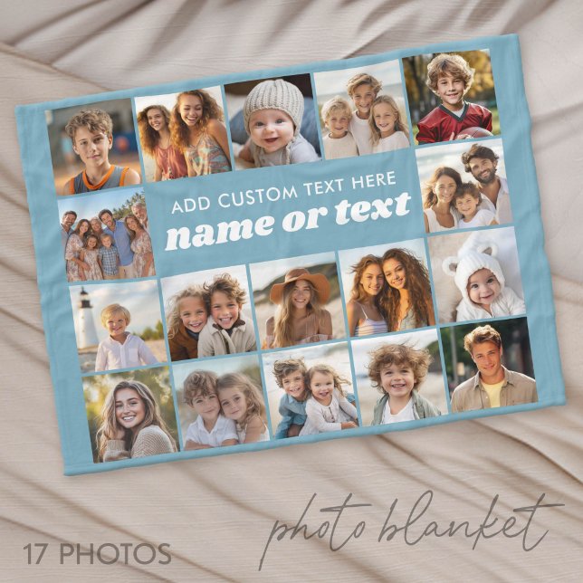 17 Fotokollage - Blå med textblock i mitten Fleecefilt (Photo Blanket - Personalize with Your Photos)