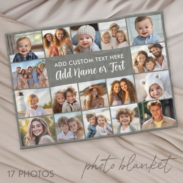 17 Fotokollage - Grått med textblock i mitten Fleecefilt (Photo Blanket - Personalize with Your Photos)