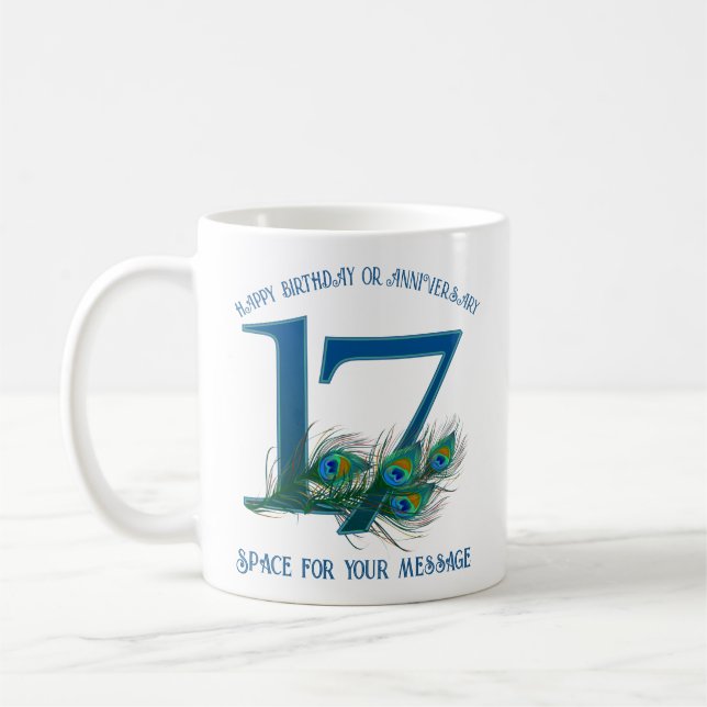 17th Birthday Or Anniversary Peacock Feather Kaffemugg (Vänster)