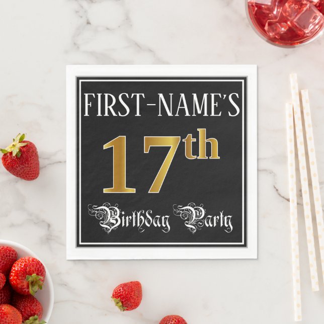 17th Birthday Party — Fancy Script, Faux Gold Look Pappersservett (Insitu)