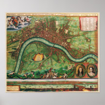 17th Century Antik karta över London, England