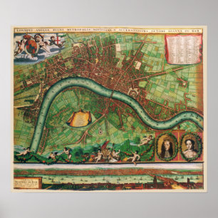 17th Century Antik karta över London, England Poster