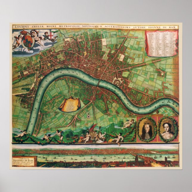 17th Century Antik karta över London, England Poster (Framsidan)