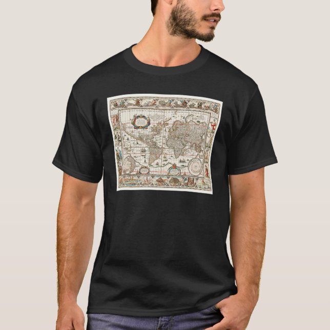 17TH CENTURY ANTIQUE WORLD MAP HISTORY GEOGRAPHY E T SHIRT (Framsida)