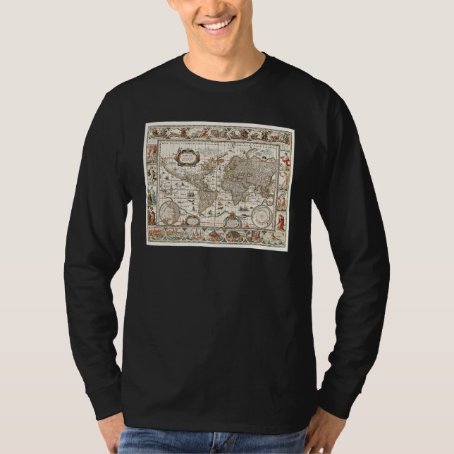 17TH CENTURY ANTIQUE WORLD MAP HISTORY GEOGRAPHY E T SHIRT (Framsida)