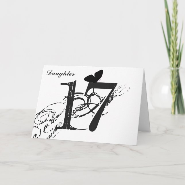 17th födelsedag, dotter, fjäril, svart & white. kort (Framsida)