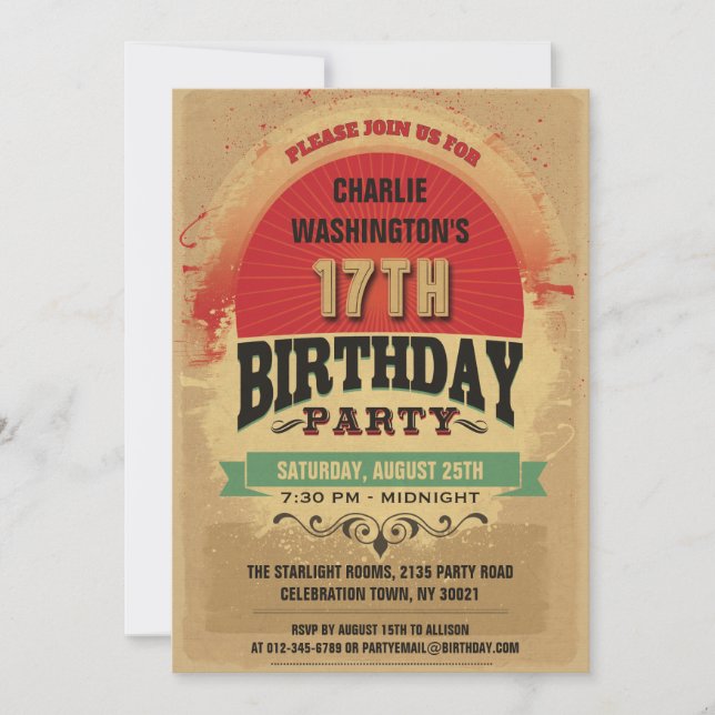 17th Grunge för födelsedagvintagetypografi Inbjudningar (Framsida)