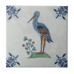 1800-talets Delft Polychrome Stork? Heron? Repro Kakelplatta