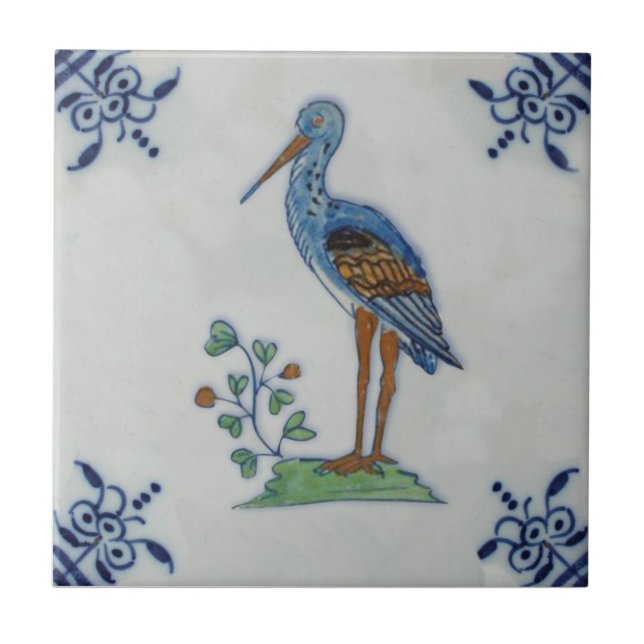 1800-talets Delft Polychrome Stork? Heron? Repro Kakelplatta (Framsidan)