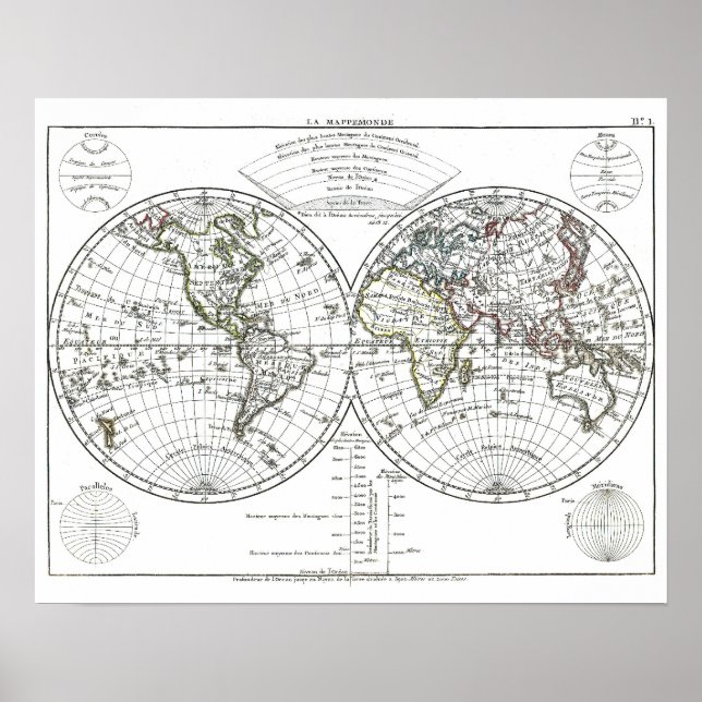 1806 Atlas Karta: La Mappemonde av Eustache Hériss Poster (Framsidan)