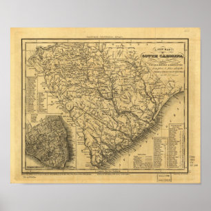 1833 Rail & Frakt Routes Karta of South Carolina Poster