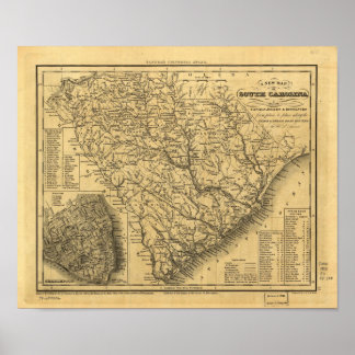 1833 Rail & Frakt Routes Karta of South Carolina Poster