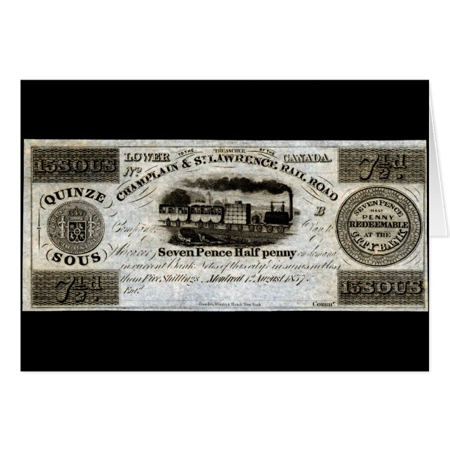 1837 Canadian Railroad Currency Hälsningskort (Framsidan Horizontal)